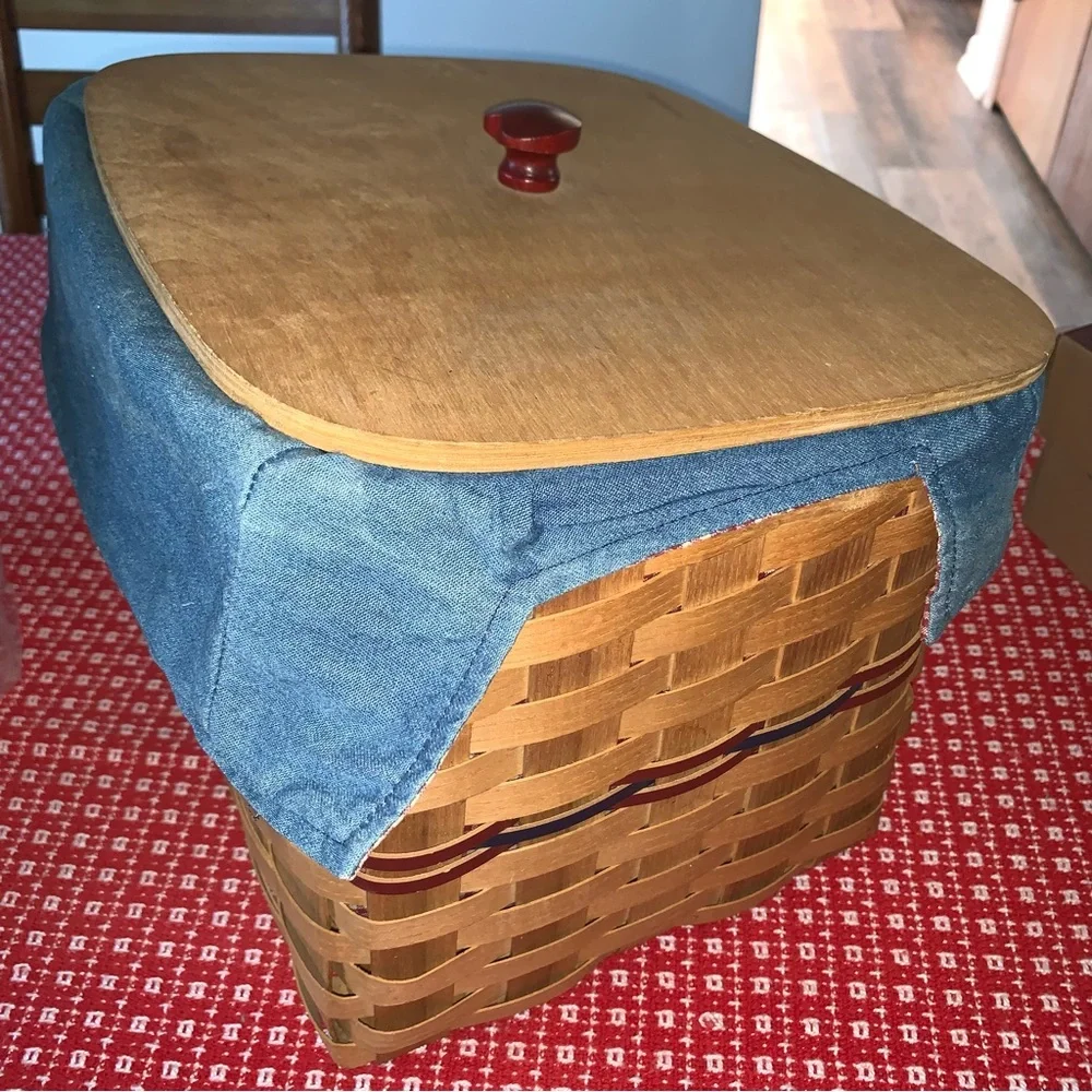 Peterboro Basket Co. NH Heart Knob Wood Covered Basket Gingham Denim Cloth
